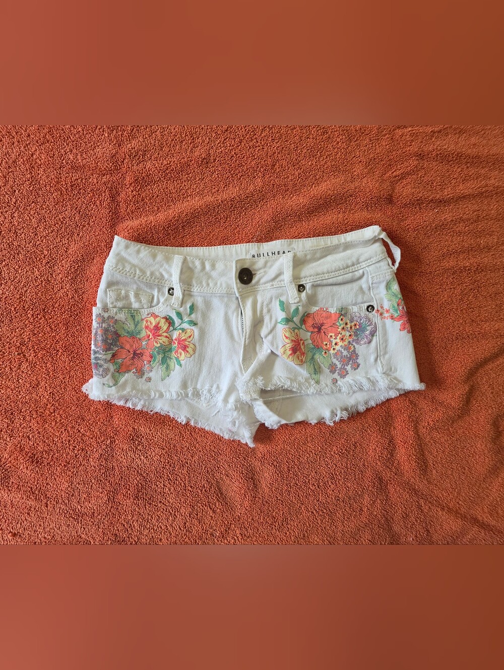 Bullhead White Denim Floral Cutoff Shorts
